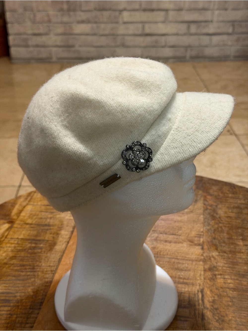 Betmar Wool Blend Newsboy Cream Cap with Rhinestone Brooch One Size